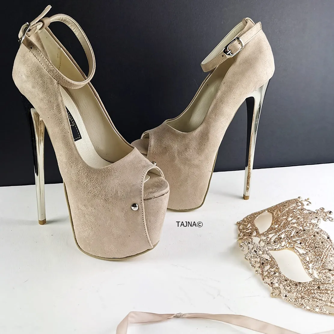 Beige Nude Suede Peep Toe Heels