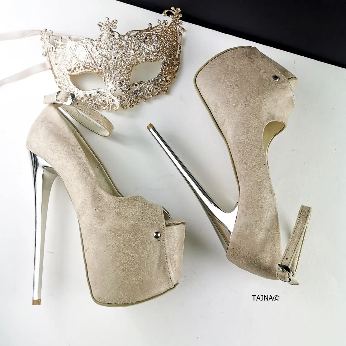 Beige Nude Suede Peep Toe Heels