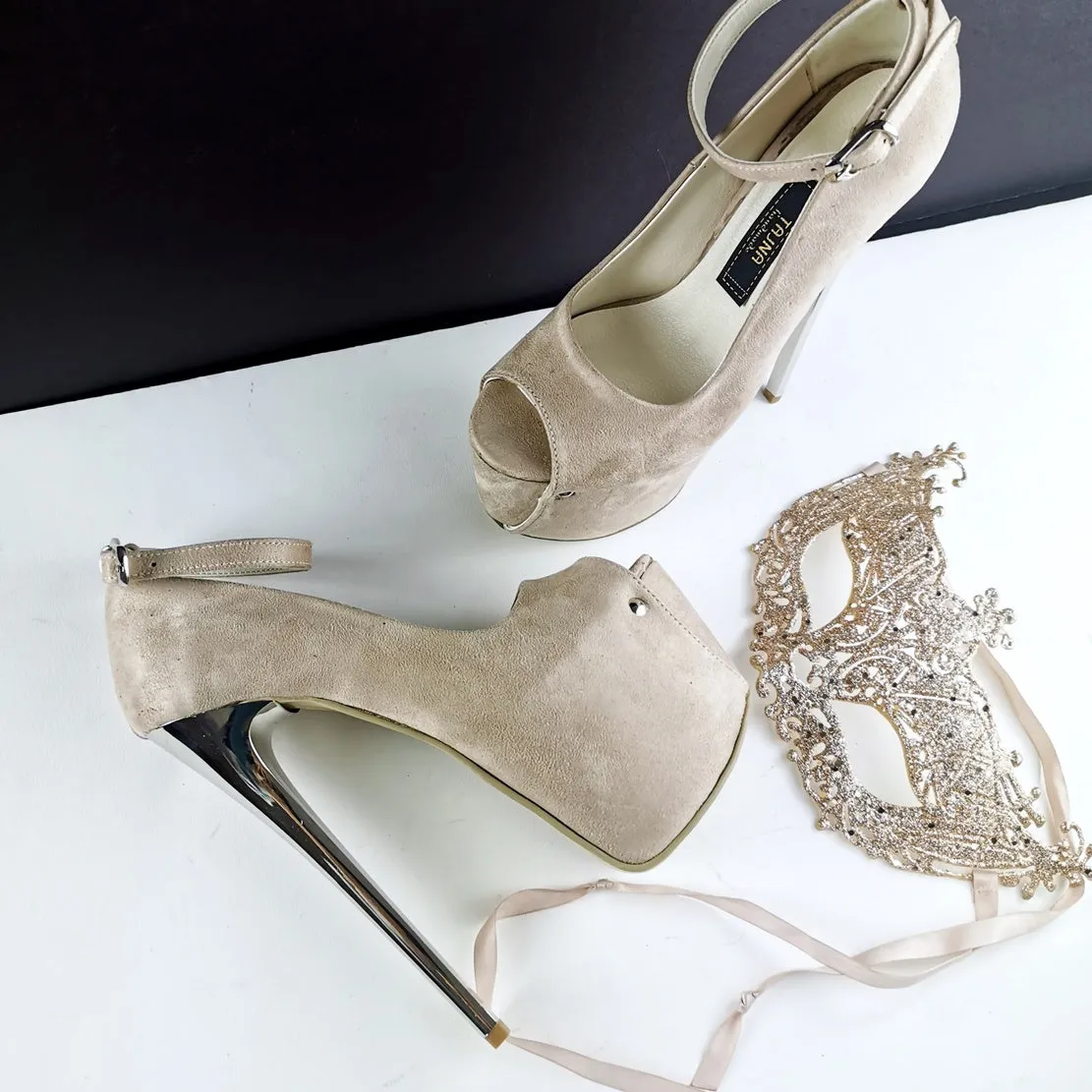 Beige Nude Suede Peep Toe Heels