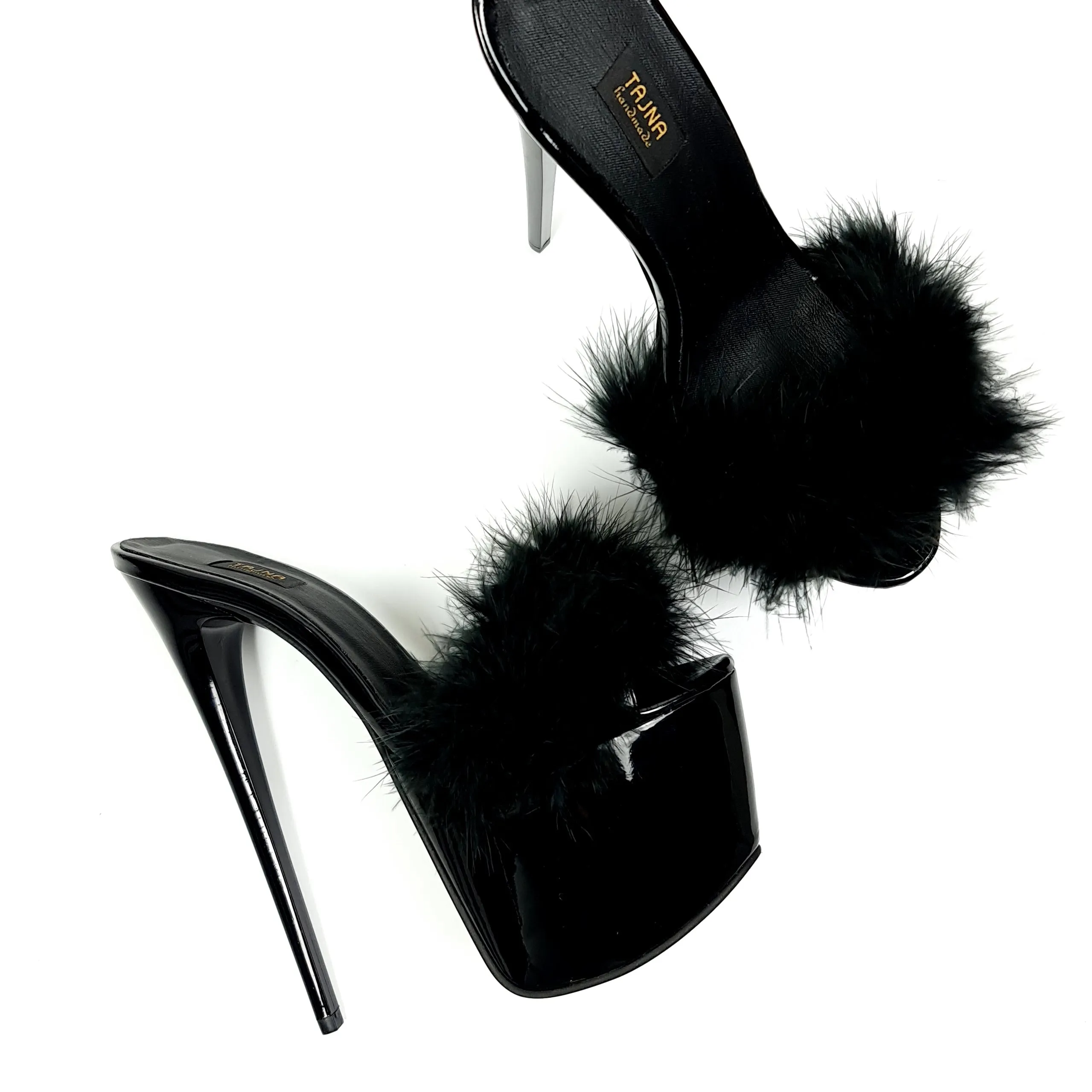 Black Gloss Furry High Heel Mules