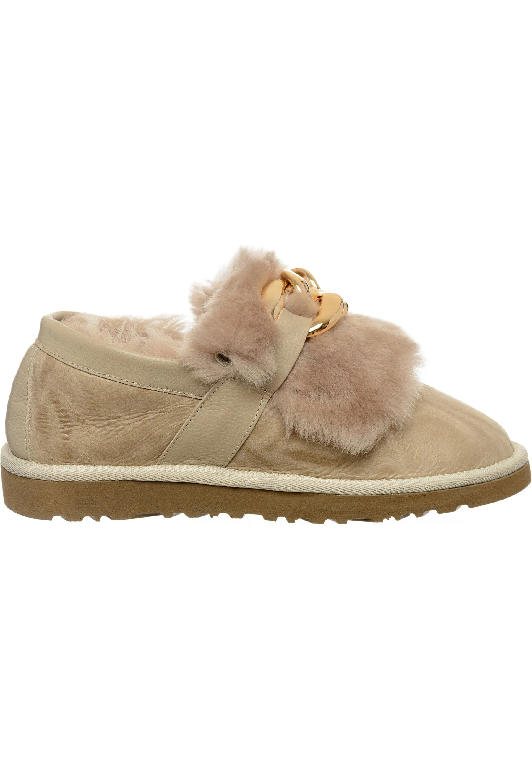 Chain Fur Lined Loafers - Beige