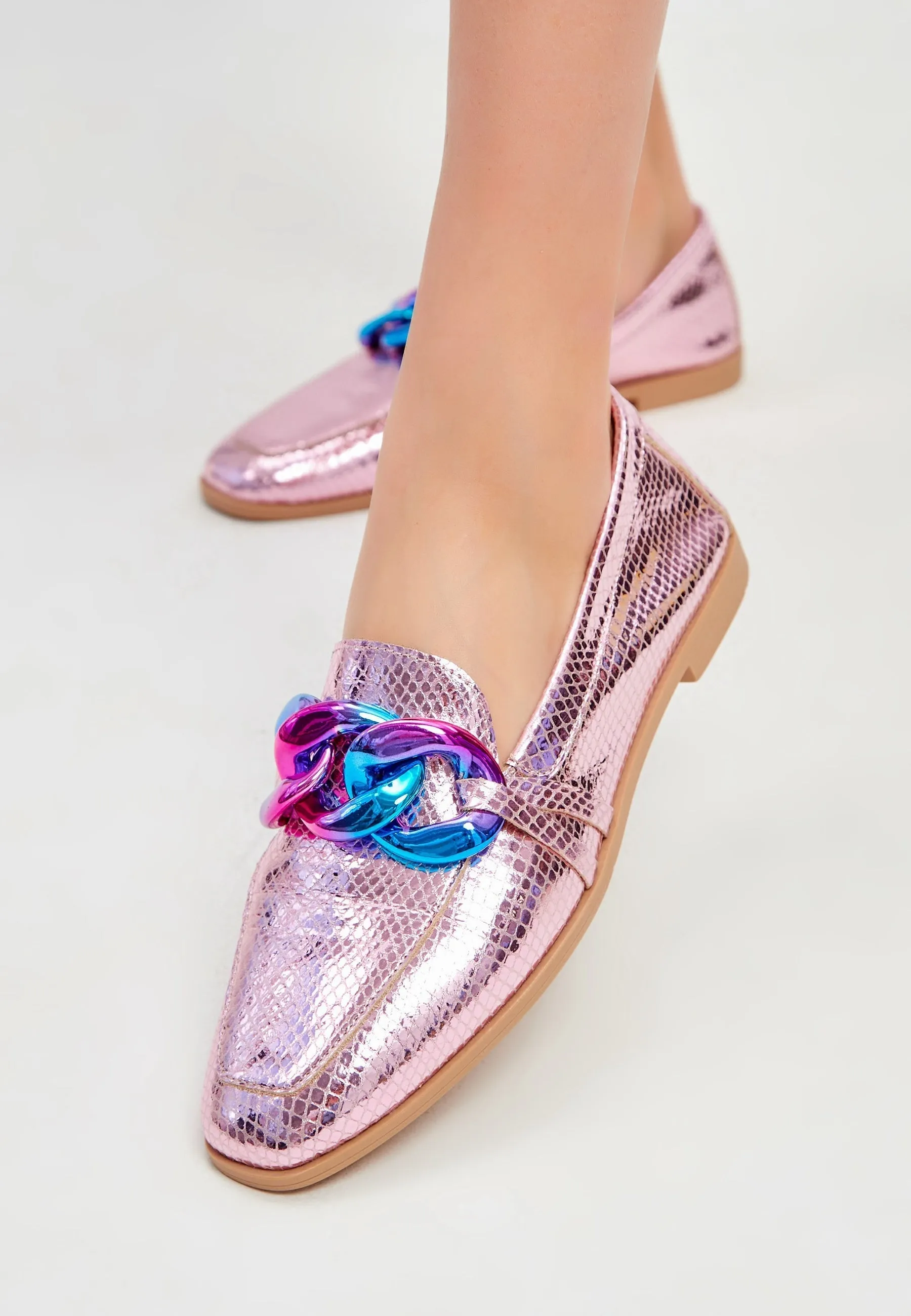 Classic Leather Flat Sole Loafers - Metallic Pink