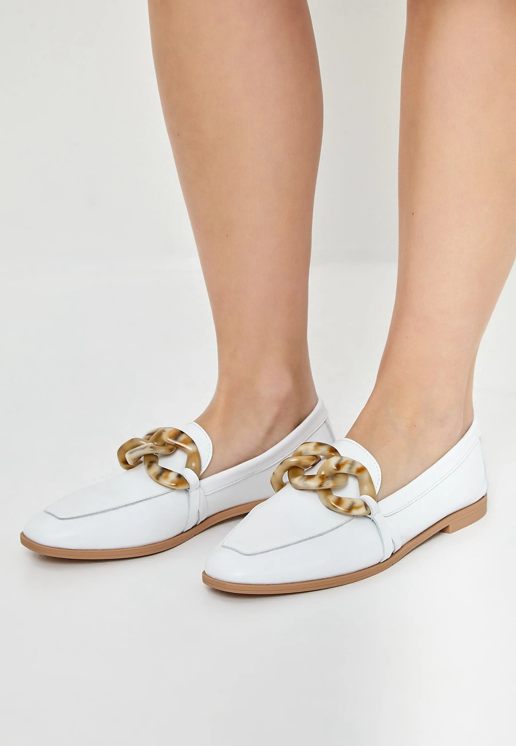 Classic Leather Flat Sole Loafers - White