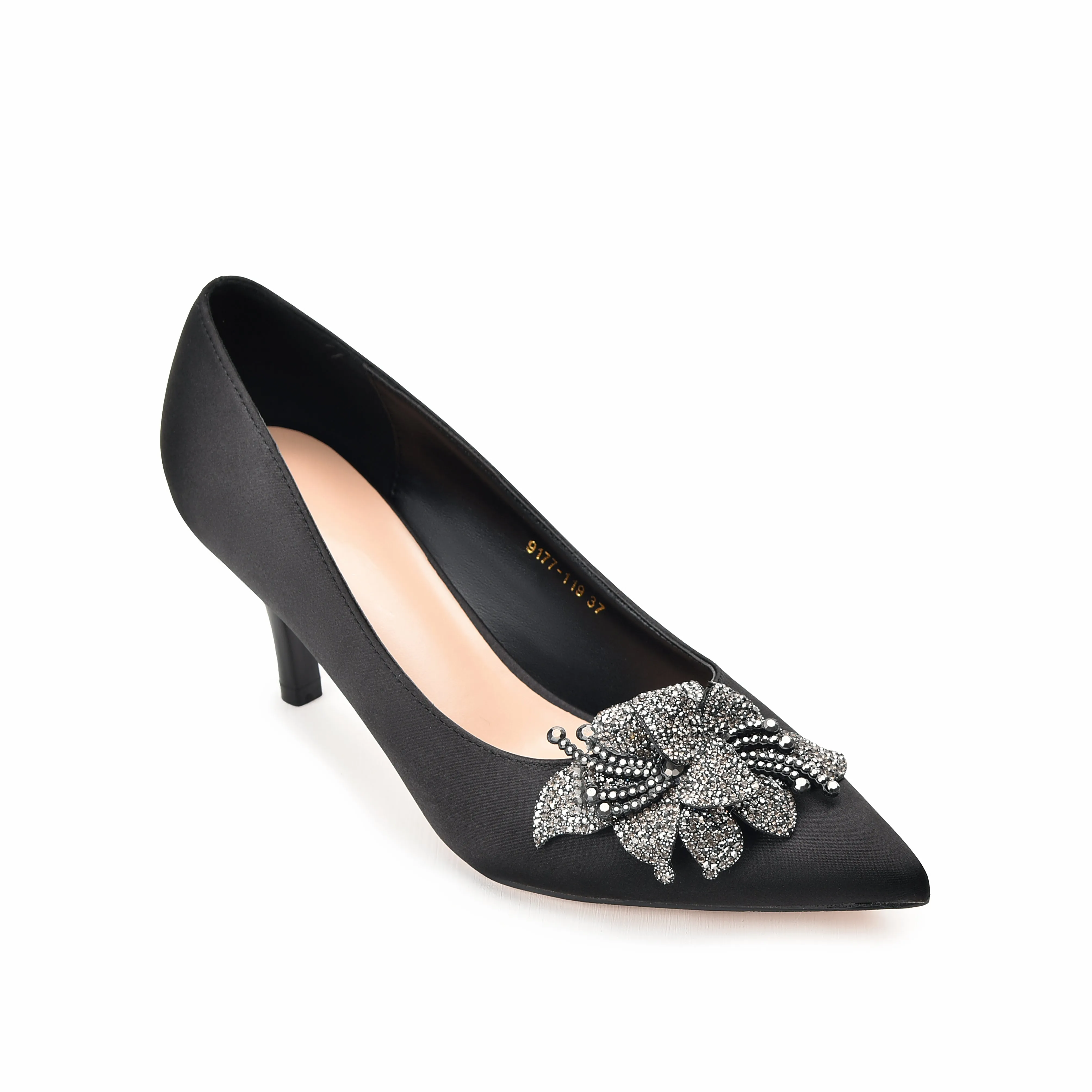 Elegant Black Kitten Heels with Crystal Embellishment | 476L-C