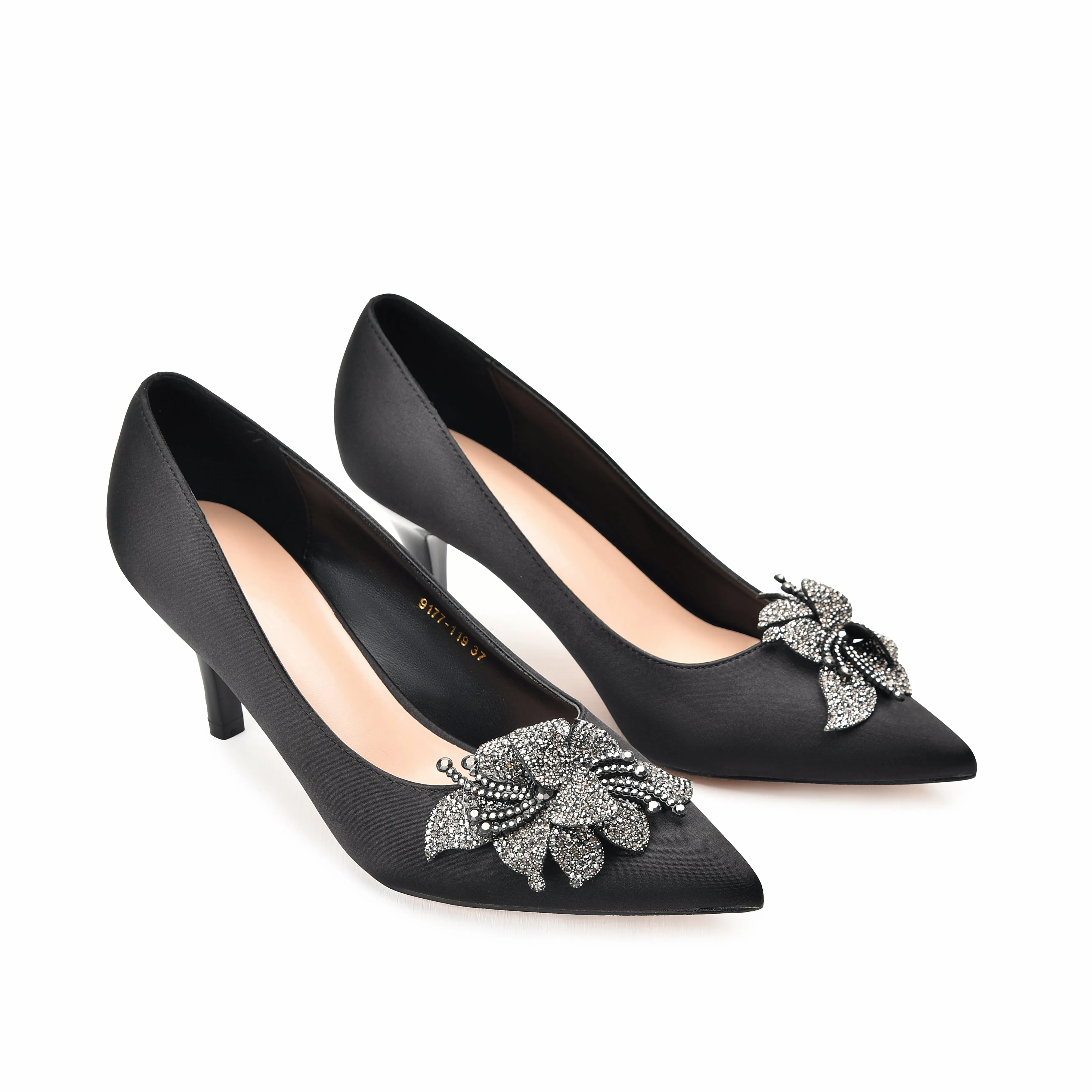 Elegant Black Kitten Heels with Crystal Embellishment | 476L-C