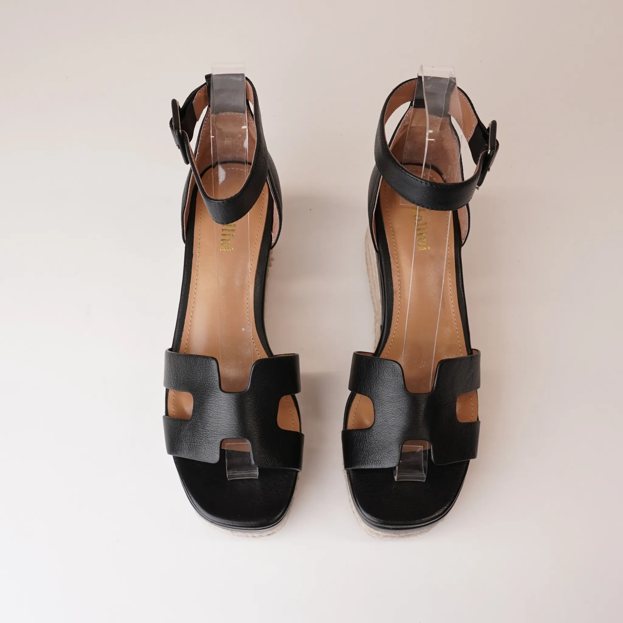 Geegie Black Leather Espadrille Wedges