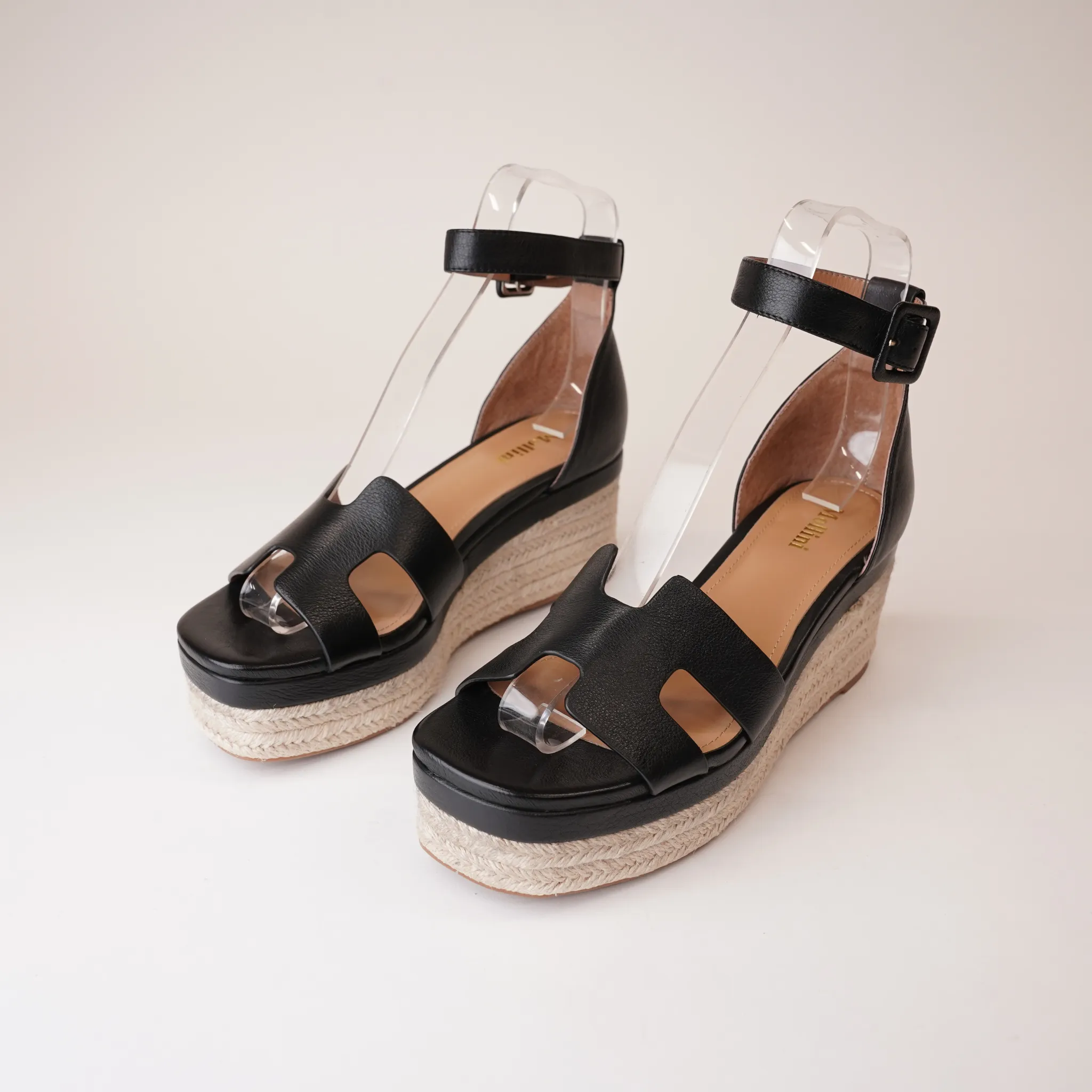 Geegie Black Leather Espadrille Wedges