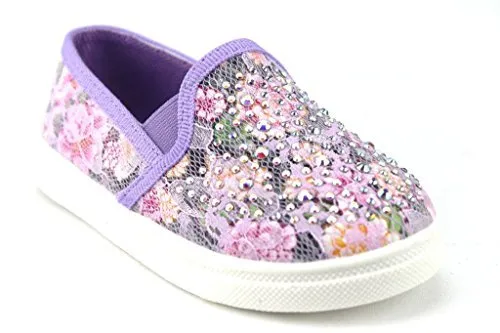 Girls FHX-08I Crystal Bling Slip On Floral Lace Canvas Shoes