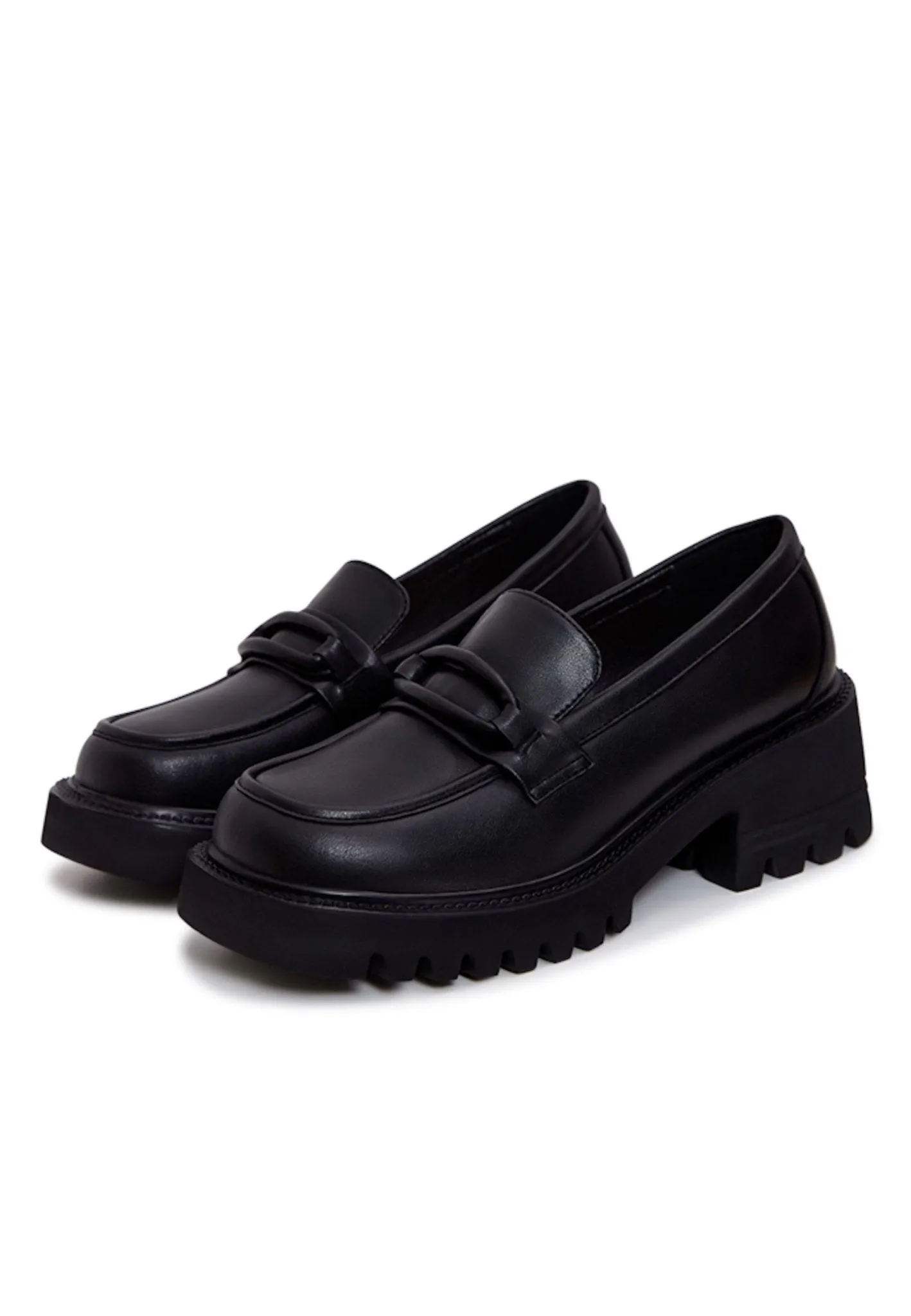 Leather Classic Block Heel Loafers - Black