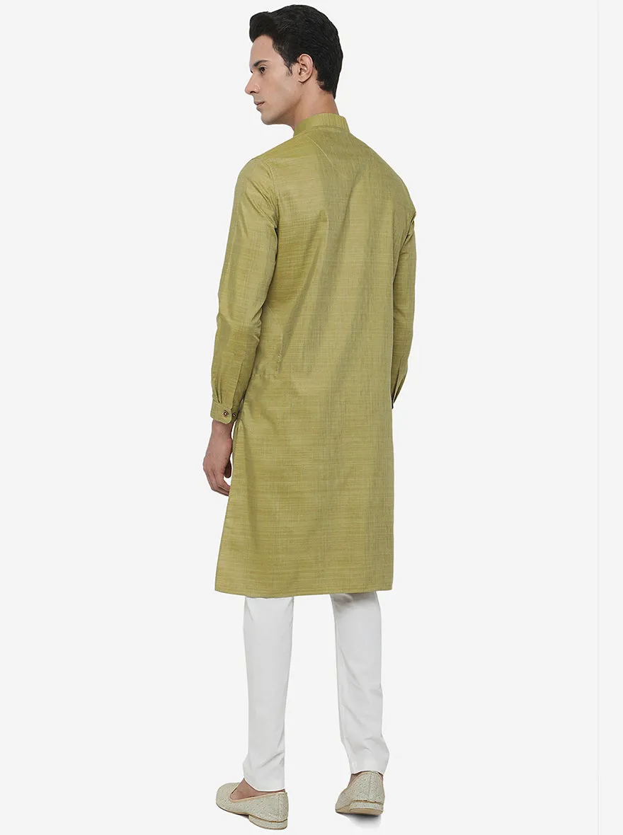 Moss Green Self Textured Regular Fit Modi Kurta | JadeBlue