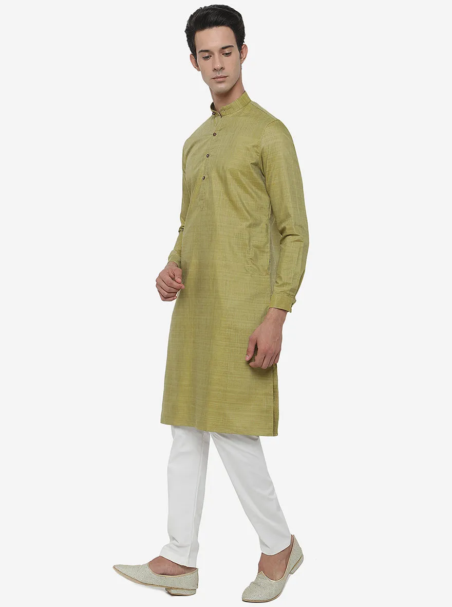 Moss Green Self Textured Regular Fit Modi Kurta | JadeBlue