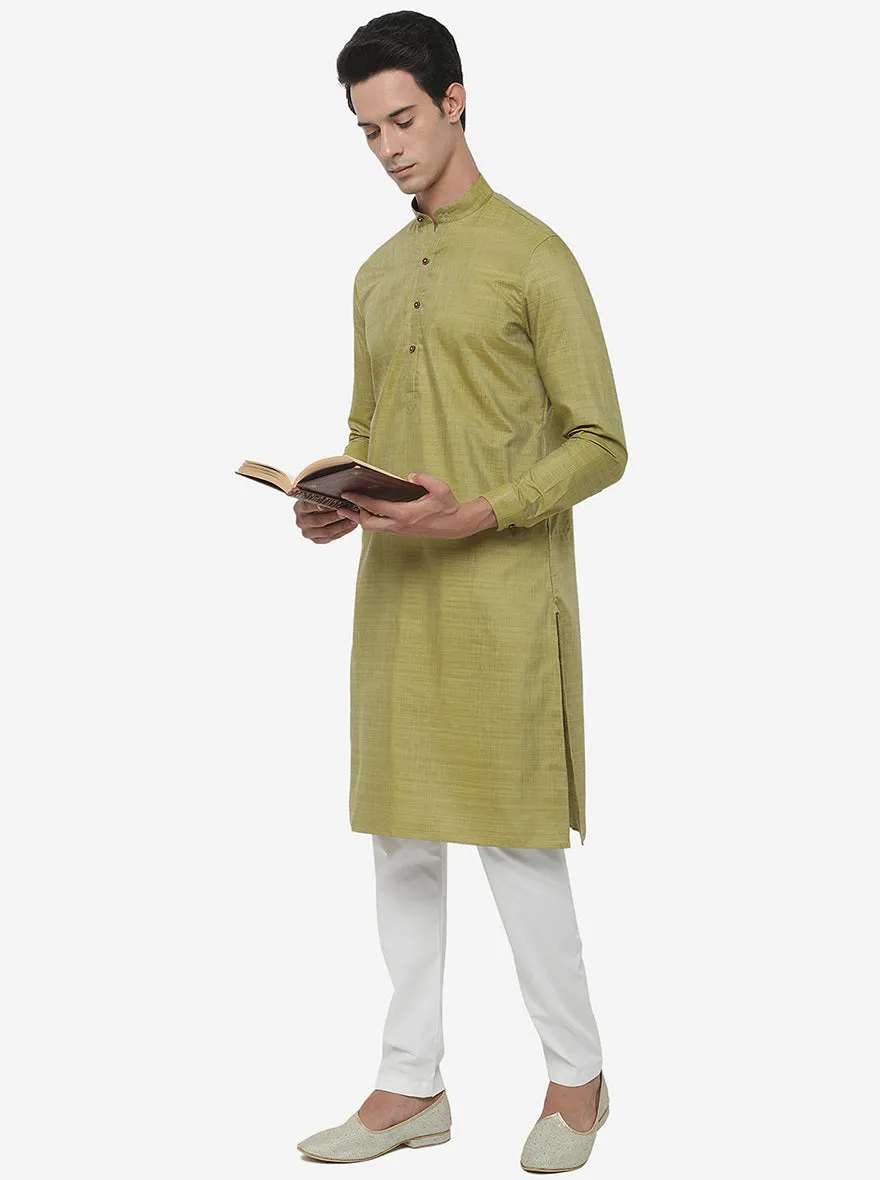 Moss Green Self Textured Regular Fit Modi Kurta | JadeBlue