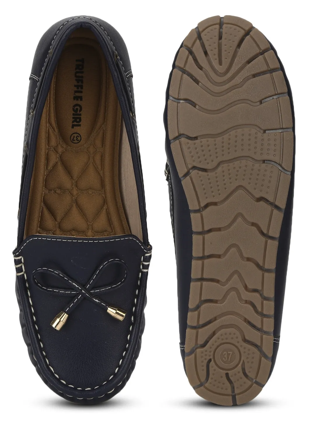 Navy Blue PU Loafers With Bow