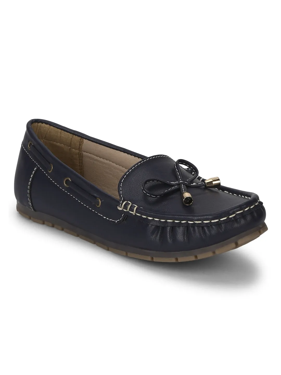 Navy Blue PU Loafers With Bow