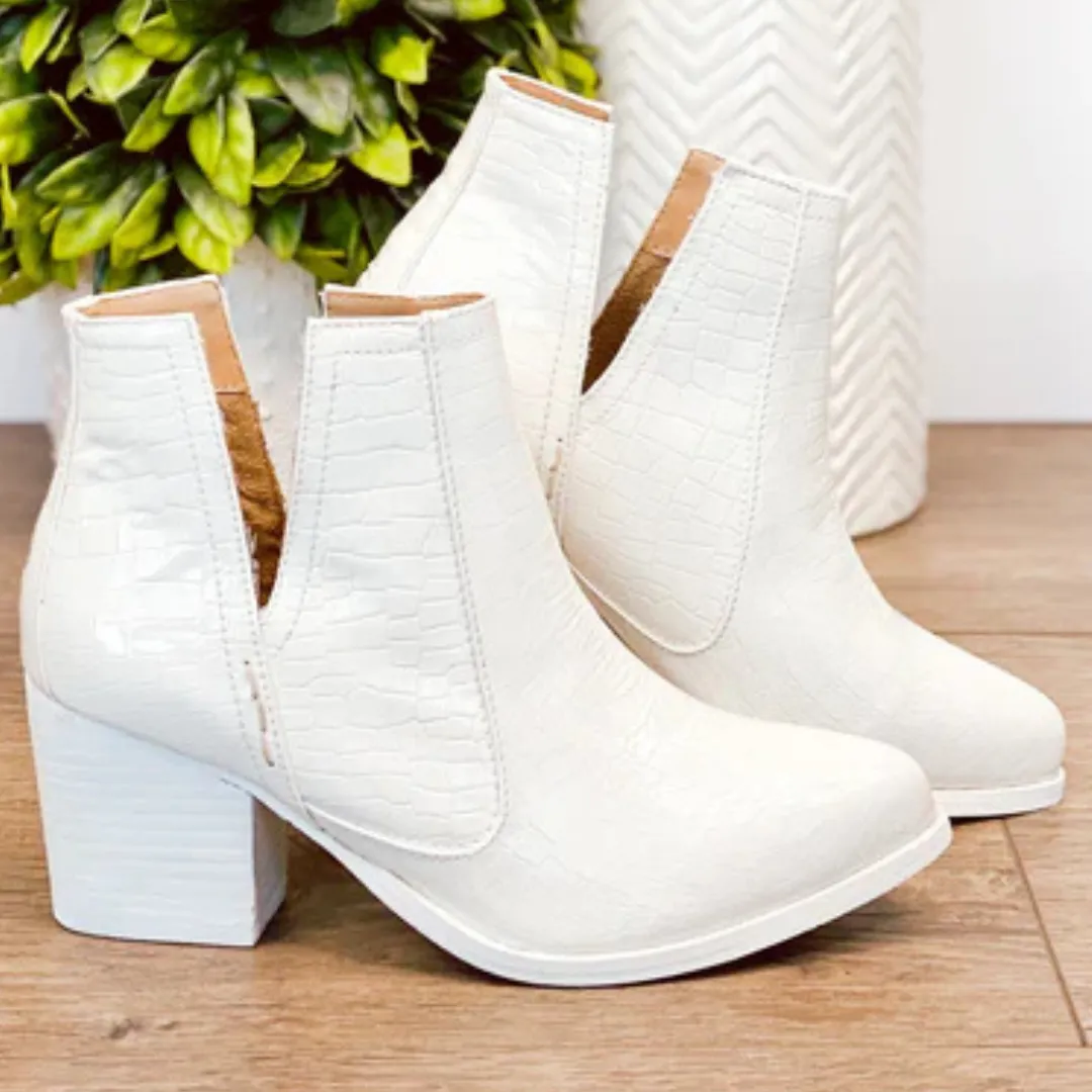 Online Exclusive | Tarim Bootie in White Faux Crocodile