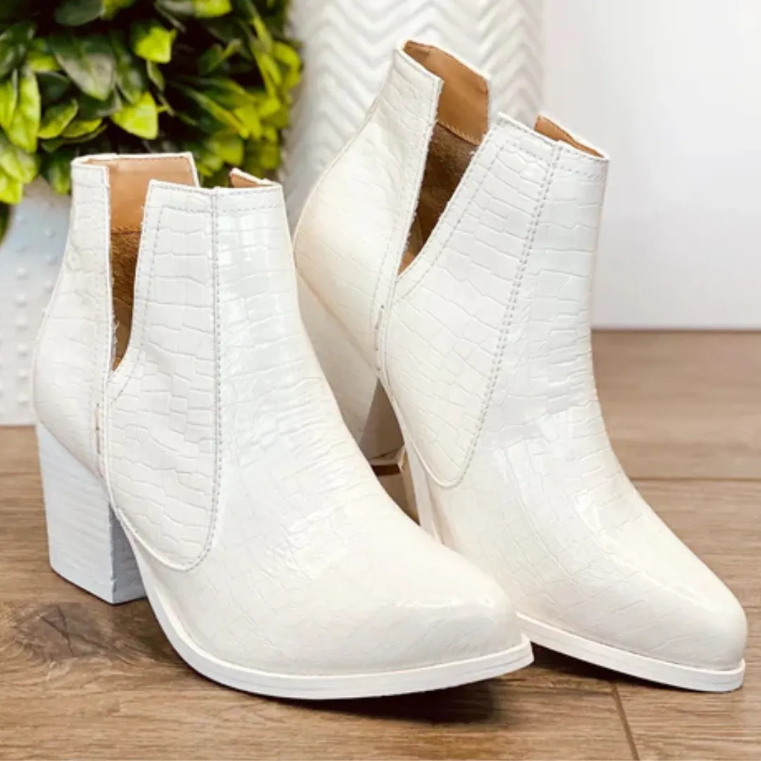 Online Exclusive | Tarim Bootie in White Faux Crocodile