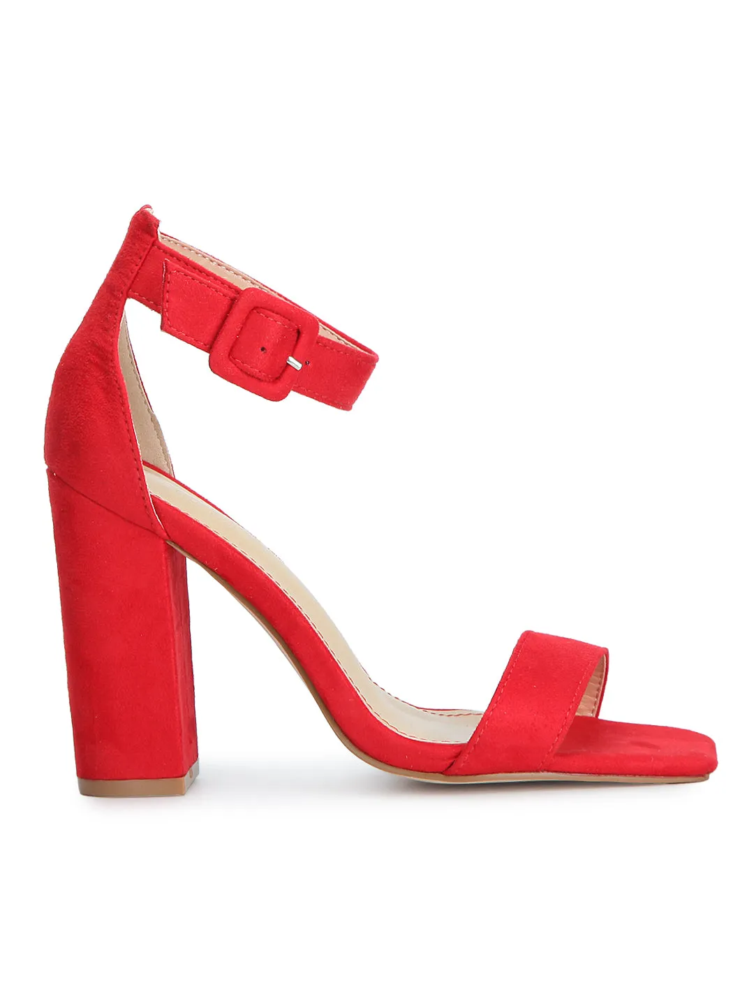 Red Micro Broad Ankle Strap Block Heels