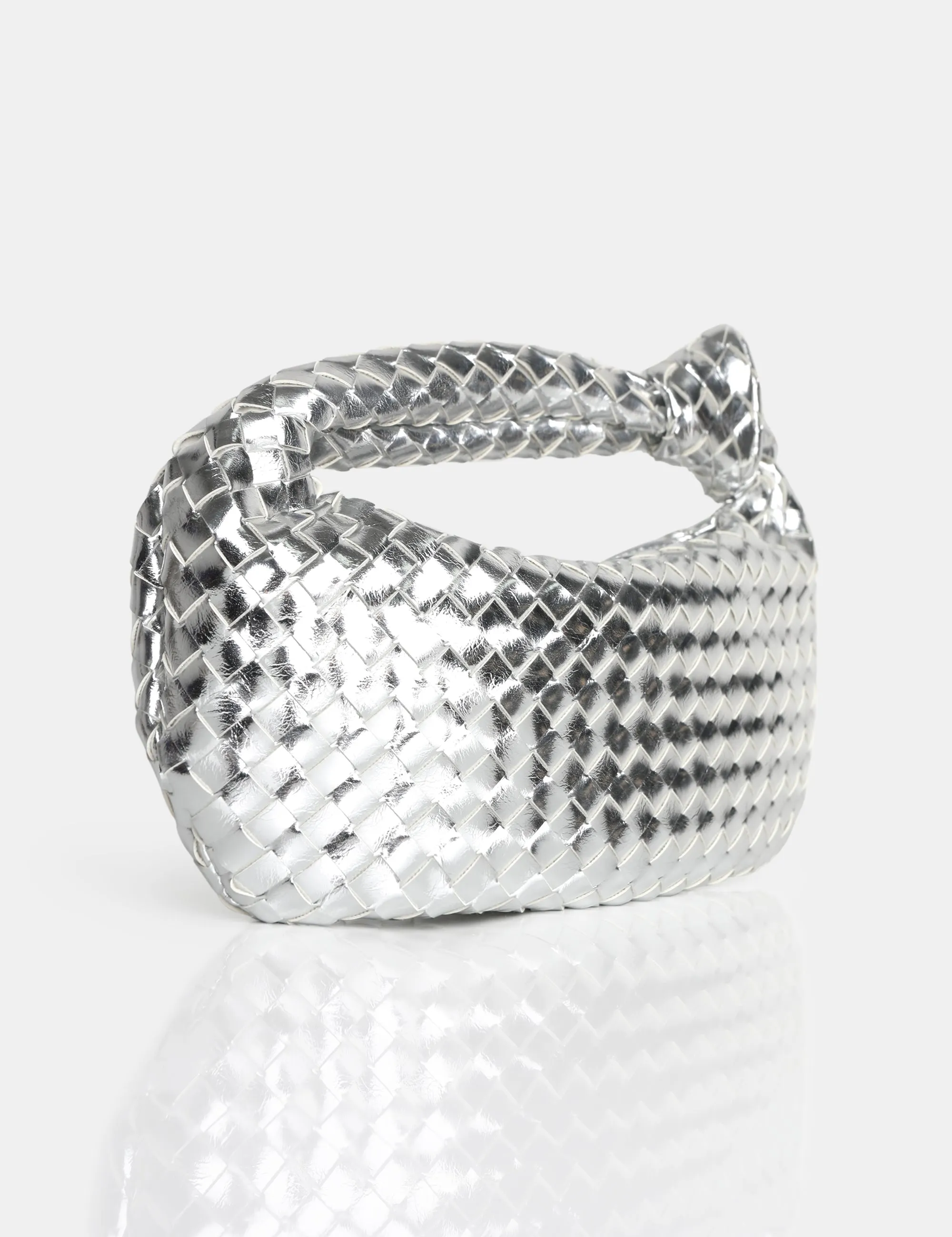 The Blame Metallic Silver Mirror Woven PU Knot Detail Mini Grab Bag