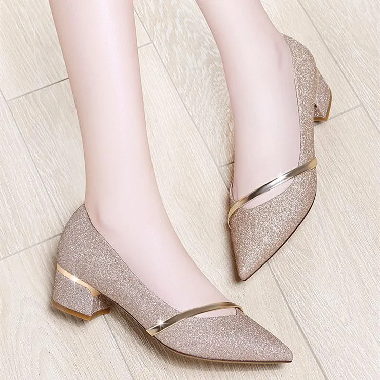 Women pointed toe shallow fashion strap chunky low heels