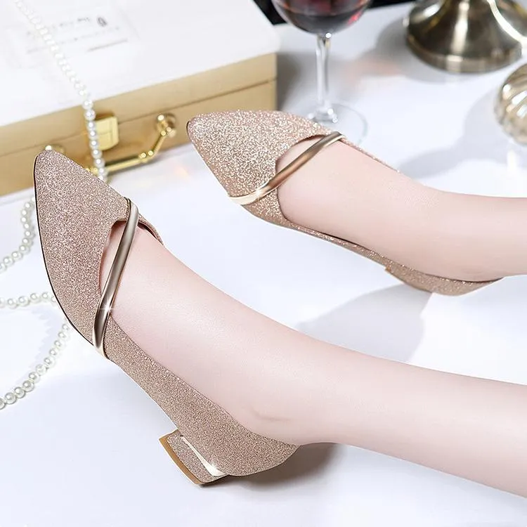 Women pointed toe shallow fashion strap chunky low heels