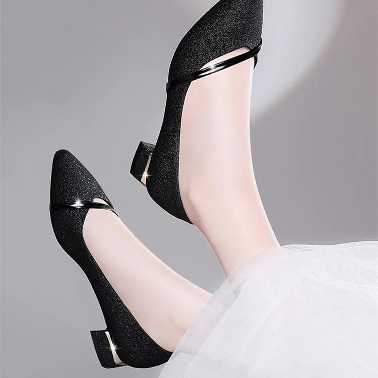 Women pointed toe shallow fashion strap chunky low heels