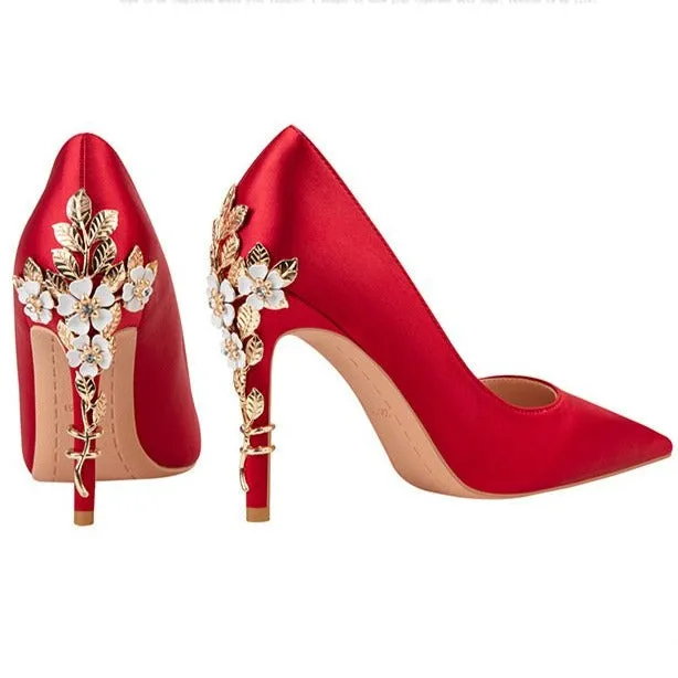 Women silk pointed toe metal flower decor stiletto high heels