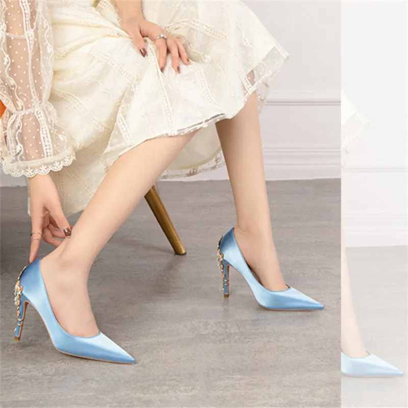 Women silk pointed toe metal flower decor stiletto high heels