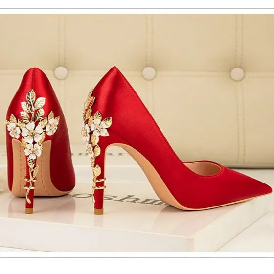 Women silk pointed toe metal flower decor stiletto high heels