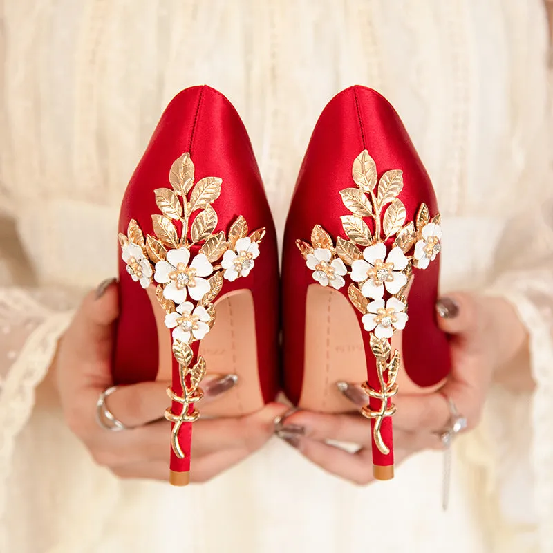 Women silk pointed toe metal flower decor stiletto high heels