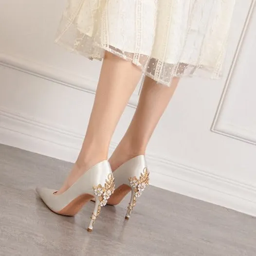 Women silk pointed toe metal flower decor stiletto high heels